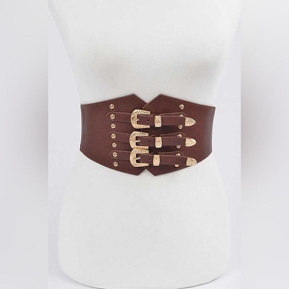 Western Triple Buckle Elastic Corset Statement Belt - Picture 4 of 8
